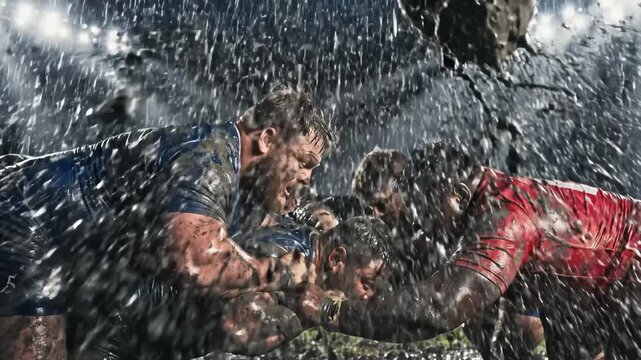 Rugby Players Clashing During Game in Heavy Rain on a Muddy Field
