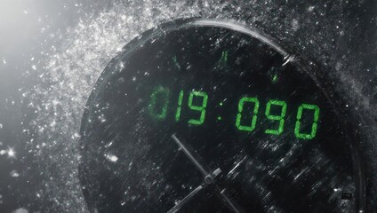 Close-up of a digital clock displaying time with green numbers and water droplets.