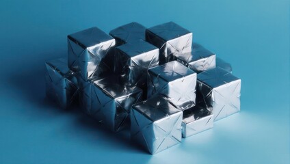 Silver Cubes Composition on Blue Surface - Geometric Arrangement.