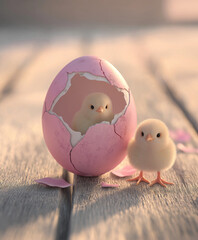 Two fluffy baby chicks beside cracked pink Easter egg on sunlit wooden table