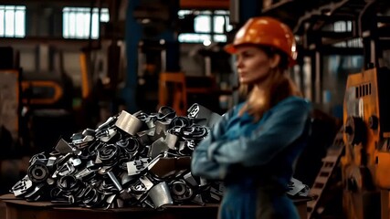 Recycling. Environment conservation. Waste management. A woman in a blue jumpsuit and orange hard hat stands amidst a warehouse filled with machinery. The scene is illuminated by overhead lights.