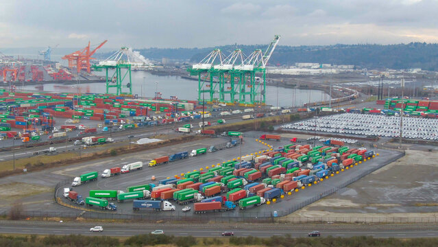 AERIAL: Spectacular shot of an import terminal of the Port of Los Angeles.