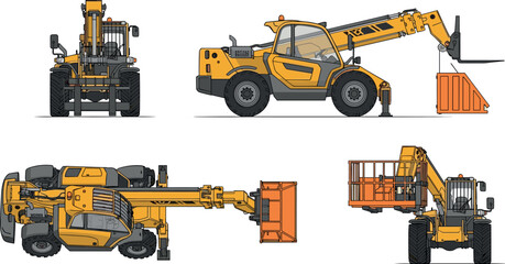 Flavector, yellow telehandler multiple views, extendable boom attachments, construction lifter, rough terrain vehicle, operator cab © Jomila