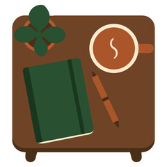 Minimalist Bedside Table with Journal Tea and Plant Vector