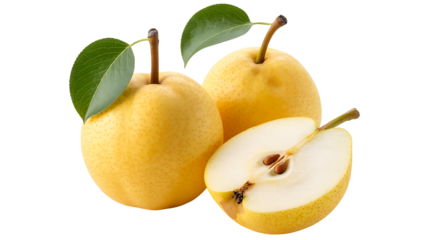 Fresh yellow pear fruit with slice isolated on white background

