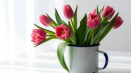 Bright pink tulips in a white mug