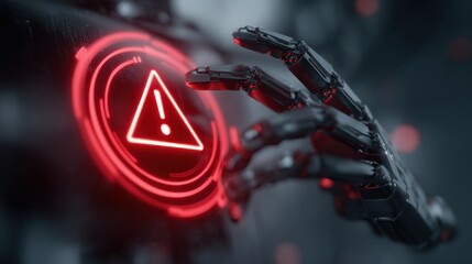 Robotic hand near glowing red warning symbol with exclamation mark Technology concept
