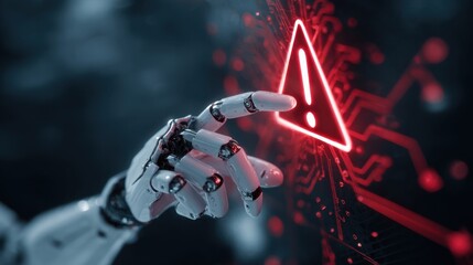 A robotic hand touches a glowing red warning sign on a digital circuit board