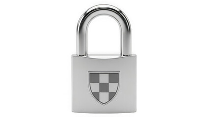 Silver padlock with checkered shield on transparent background isolated
