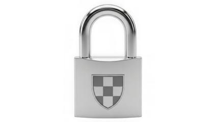 Silver padlock with checkered shield on transparent background isolated