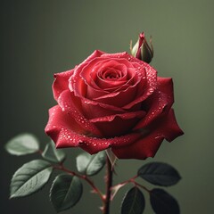 A beautiful single red rose flower with fresh water droplets on its petals isolated on white for a romantic Valentine gift of love and nature