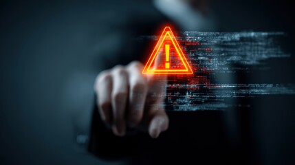 A hand reaches towards a glowing red hazard alert symbol amidst digital data streams