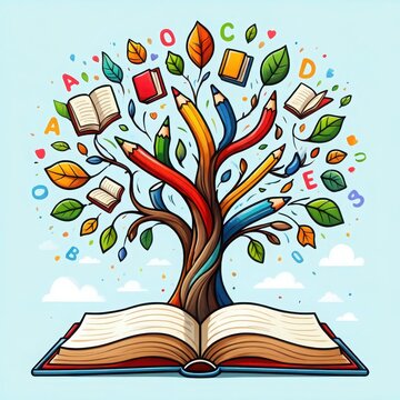 Vibrant tree of knowledge grows from open book with colorful leaves and educational symbols