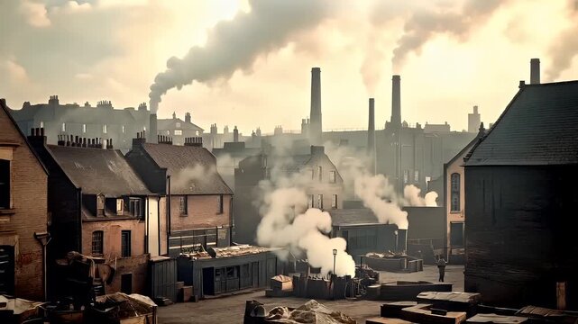 Air pollution. Environment conservation. Industry. A detailed, sepiatoned photograph of a cityscape during what appears to be the early 20th century. The main subject is a group of people.