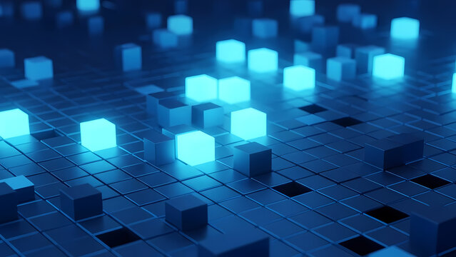 Abstract Glowing Blue Cubes Digital Grid Background - Powered by Adobe