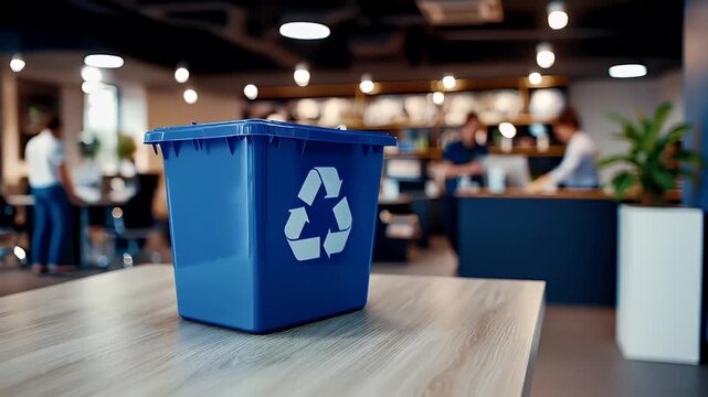 Recycling. Environment conservation. Waste management. blue recycling bin with white logo on wooden surfaceblue recycling container with white recycling symbol.