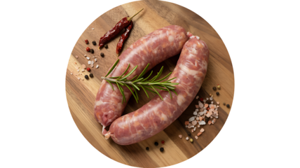 Raw sausages with rosemary on wooden plate
