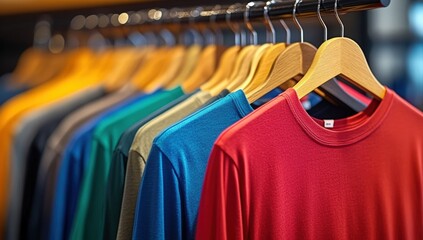 A vibrant display of colorful t-shirts hanging on wooden hangers in a retail setting, showcasing a variety of shades and styles.