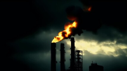 Air pollution. Environment conservation. Industry. A silhouette of an industrial facility with tall towers and chimneys, set against a dramatic sky. The sky is a mix of dark and light clouds.