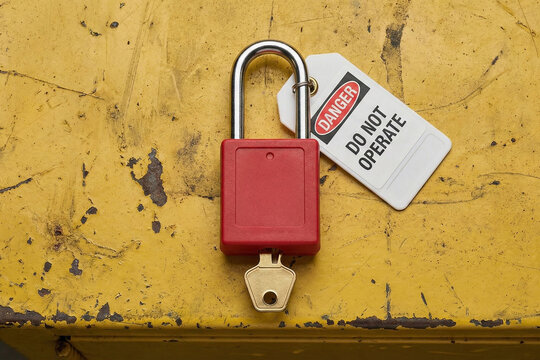 Red safety lockout padlock with key inserted and danger tag resting on scratched yellow metal surface of industrial machine cabinet