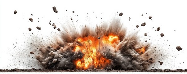 A dramatic explosion sends debris and flames into the air, creating a vivid display of power and chaos against a white background.
