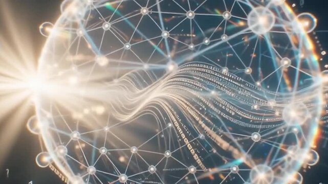 Cyberspace network sphere with binary numbers and sunlight effects, abstract motion background