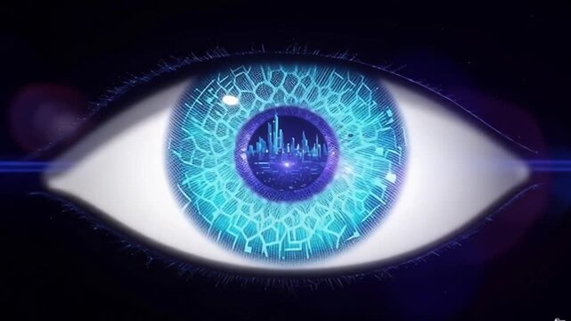 Abstract blue light explosion expanding in space to form a human eye, futuristic technology concept