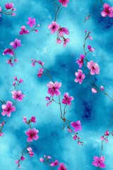 Vibrant Floral Pattern on Blue Background