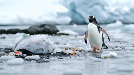 A penguin standing on a rocky beach with icebergs in the background. The penguin is black and white with orange beak and feet. The beach is littered with trash.
