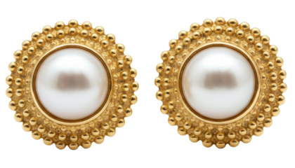 Round Gold Pearl Granulated Button Earrings display large white central gem surrounded by textured metal dots in vintage antique style circle frame for classic fashion look