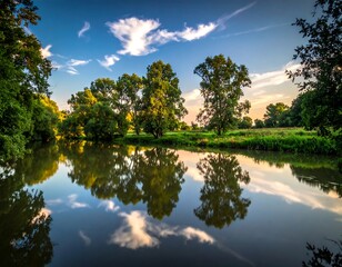 Calm river reflects the sky and trees in the still water under a blue sky with some white clouds