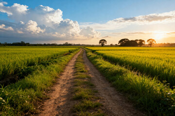 Sunlit Dirt Road Through Lush Green Fields