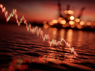  Market Downturn: An illuminating chart reflects the concept of financial loss and economic instability, casting long shadows across the water against a backdrop of the industrial landscape.