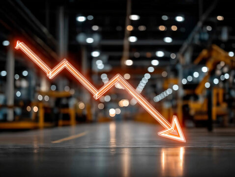 Economic Downturn: An illuminating, downward-pointing arrow symbolizes the economic downturn and a struggling economy. The image, set against the backdrop of an industrial plant.