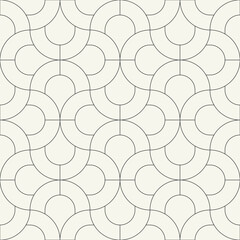 Vector seamless pattern. Stylish linear ornament with geometric arches. Regular monochrome texture featuring a grid of concentric semicircles. Basic essential surface design.