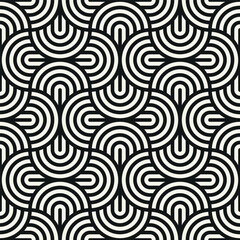 Vector seamless pattern. Geometric bold striped circles. Stylish monochrome background. Simple repeating swatch. Monochrome black ornament with concentric elements.