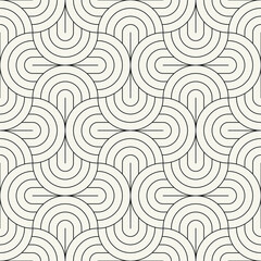 Vector seamless pattern. Stylish linear ornament with geometric arches. Regular monochrome texture featuring a grid of concentric semicircles. Basic essential surface design.