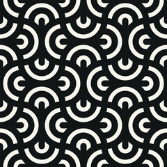 Vector seamless pattern. Geometric bold striped circles. Stylish monochrome background. Simple repeating swatch. Monochrome black ornament with concentric elements.