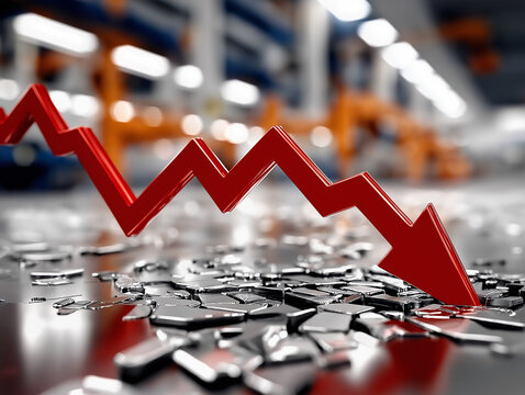Economic Downturn: A symbolic depiction of the financial crisis, with a descending red arrow piercing through the shattered remnants of an industrial landscape.