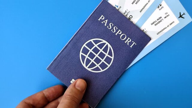 A passport with a foreign visa for flights, travel, and vacations abroad. An international passport as a travel background for your design