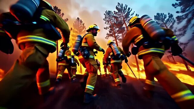 Natural disaster. Devastating loss aftermath scene. A vivid, actionpacked scene of firefighters battling a raging fire. The style is cinematic, with a focus on dramatic lighting and shadow play.