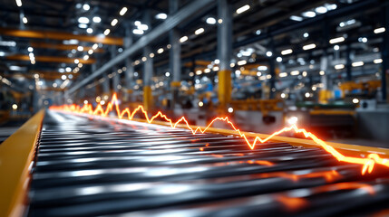 Factory Line Visualization: A dynamic perspective of an automated factory production line, underscored by a glowing data graph, symbolizing productivity and manufacturing efficiency.