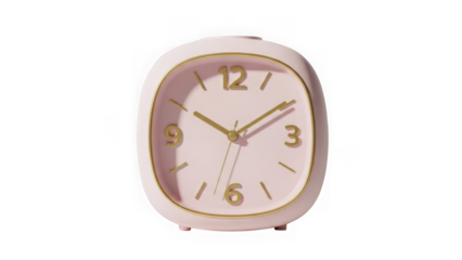 Small pink alarm clock with gold hands isolated on transparent background