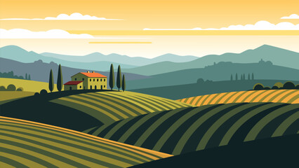 Beautiful rolling Tuscan hills landscape vector illustration at sunset, with a farmhouse, vineyards and cypress trees © PDWN Creative