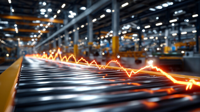 Factory Line Visualization: A dynamic perspective of an automated factory production line, underscored by a glowing data graph, symbolizing productivity and manufacturing efficiency. - Powered by Adobe