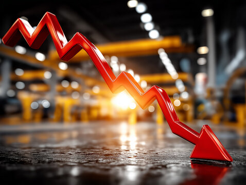 Economic Downturn: A vibrant red downward arrow dramatically portrays a symbol of financial decline, set against the backdrop of an industrial facility, representing economic uncertainty.