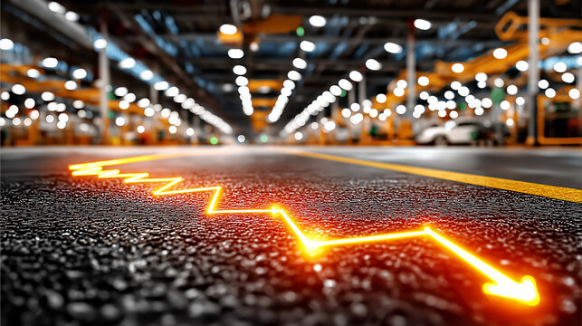 Economic Downturn Visualized: An eye-level perspective reveals an illuminated, downward-trending graph etched on a factory floor, highlighting the economic challenges, uncertainty.