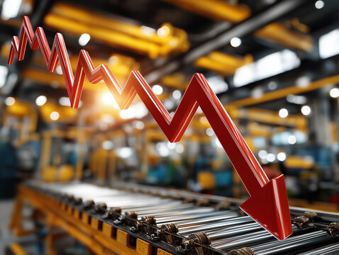 Economic Downturn in Factory: A stark red arrow plunges downwards, symbolizing the economic challenges and decline within a manufacturing facility.