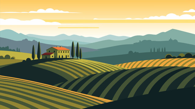 Beautiful rolling Tuscan hills landscape vector illustration at sunset, with a farmhouse, vineyards and cypress trees