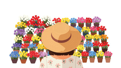A person with a straw hat stands before a vibrant wall of diverse potted flowers, showcasing a beautiful floral arrangement.